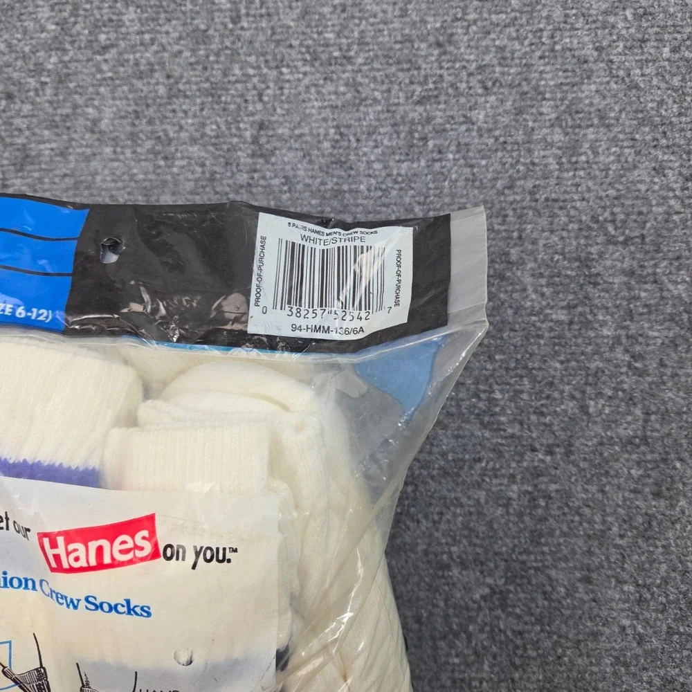 Vintage 90s Hanes Cushion Crew Socks Men Sz 6-12 White 6-Pack Made USA DeadStock